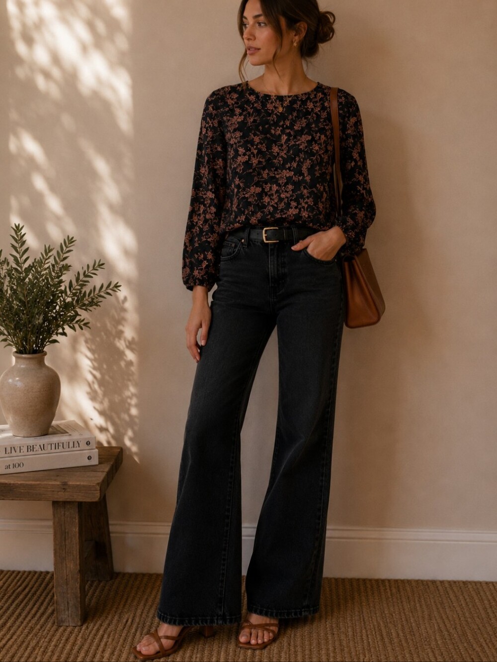 Monday Fun Black Floral Printed Long Sleeve Smocked Blouse